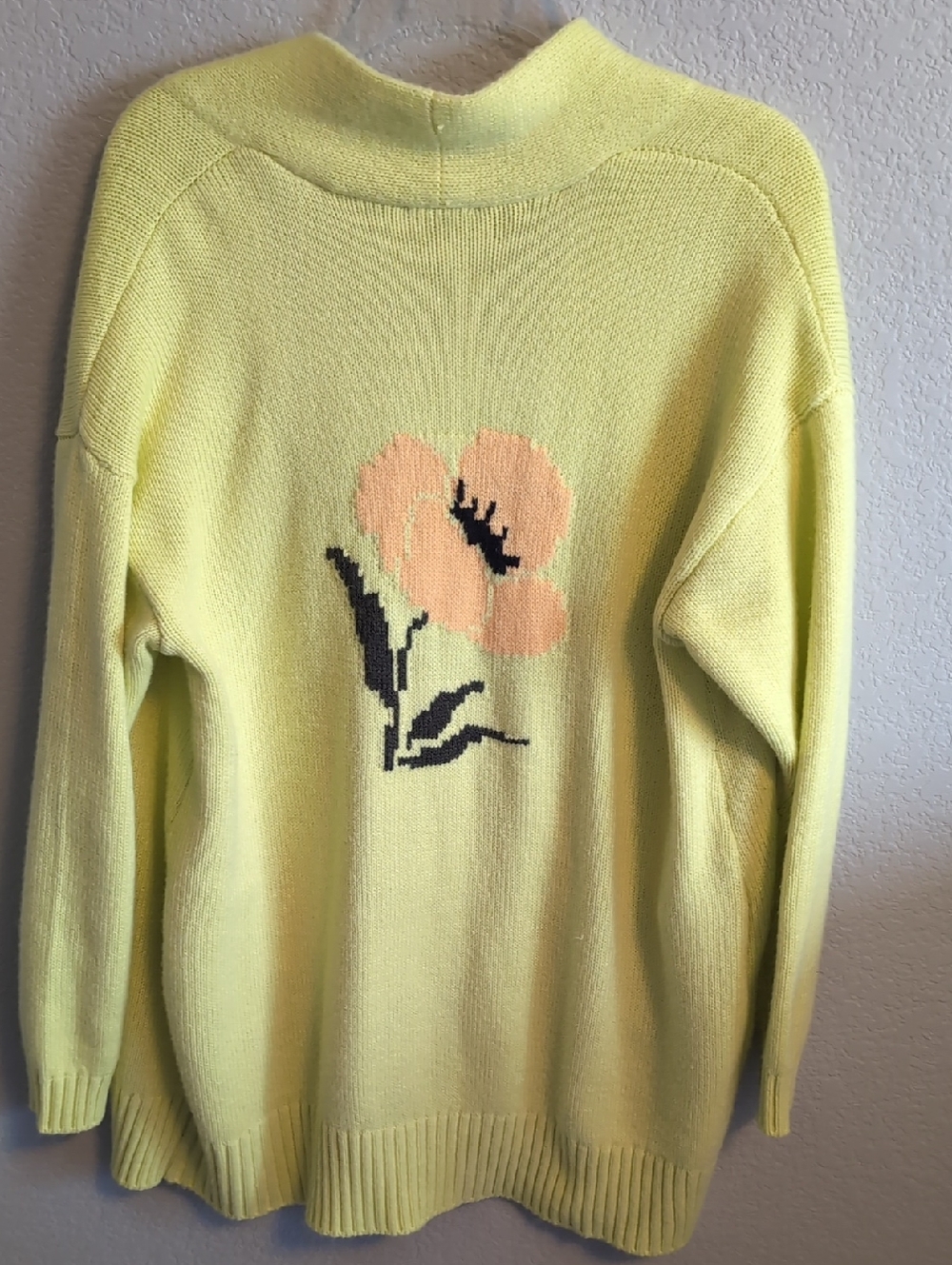 CCB Neon Yellow Open Front Cardigan Sweater - Cute Flower Detail